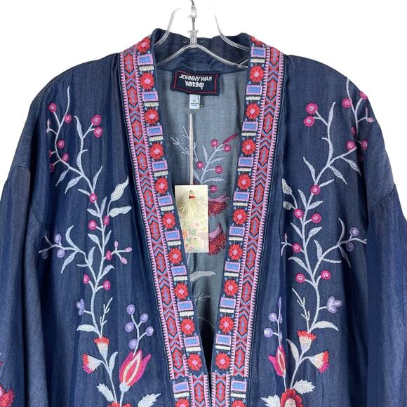 Johnny Was Piper Shirt Tail Kimono Jacket Embroidery Denim Size XL - Picture 4 of 12